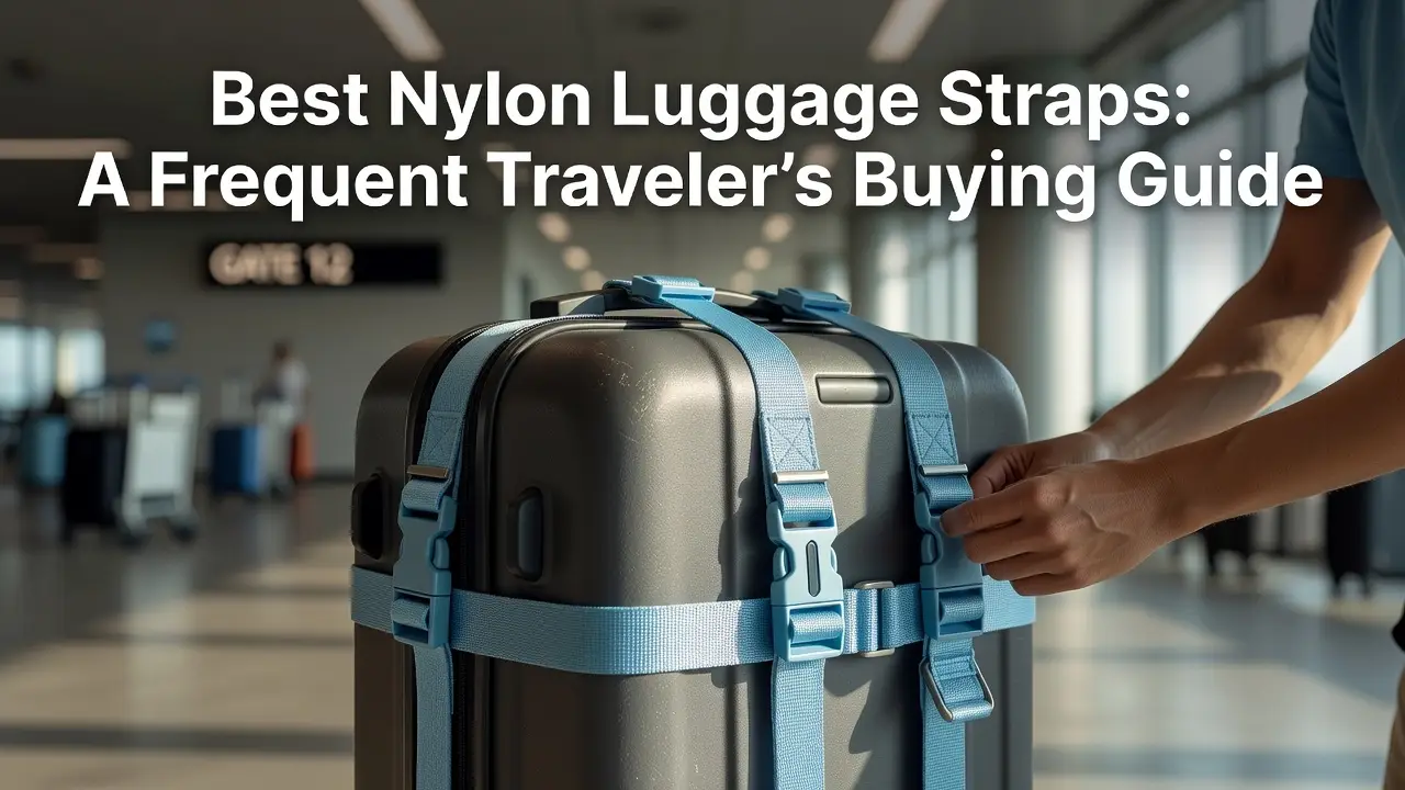 Traveler fastening blue luggage straps around a black suitcase at an airport, with a luggage-strap buying-guide headline above.