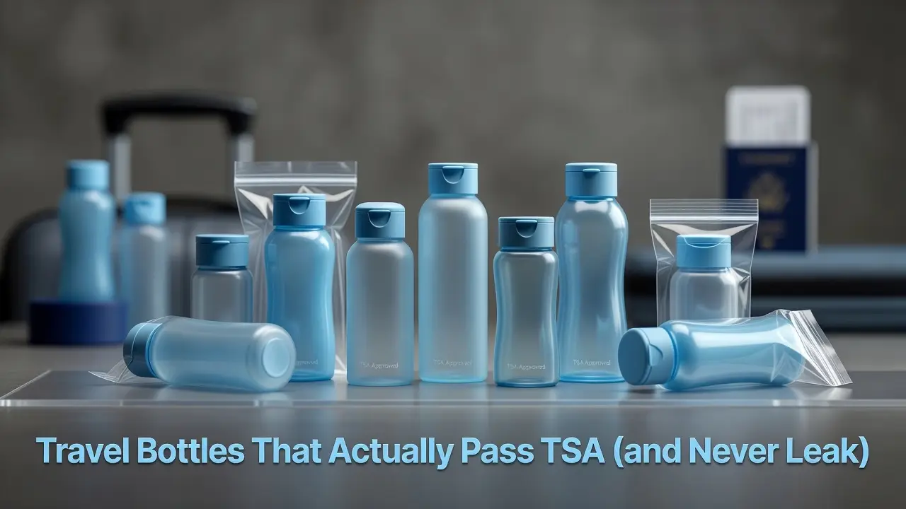 Professional header image for list-based article: Travel Bottles That Actually Pass TSA (and Never Leak)