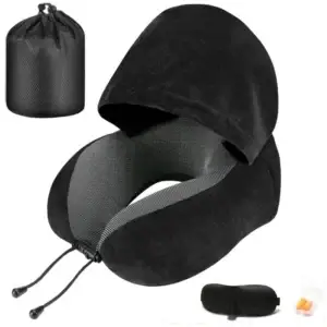 Travel pillow with hoodie mask and earplugs.