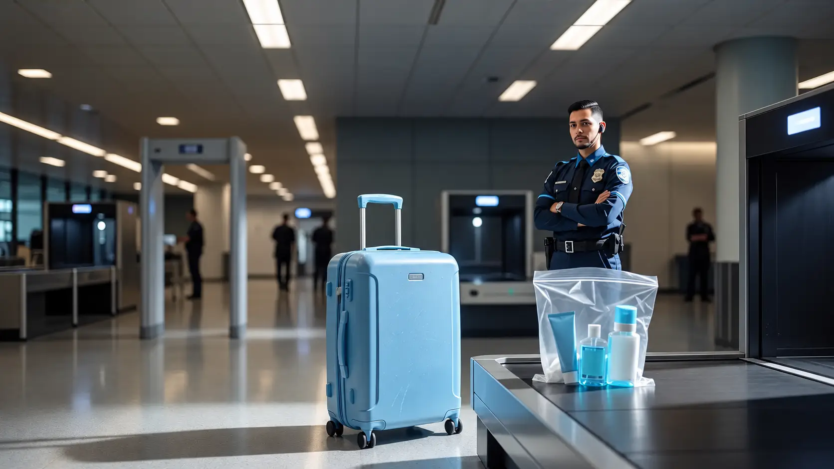 Illustration of a blue suitcase and a clear bag of toiletries at an airport security checkpoint