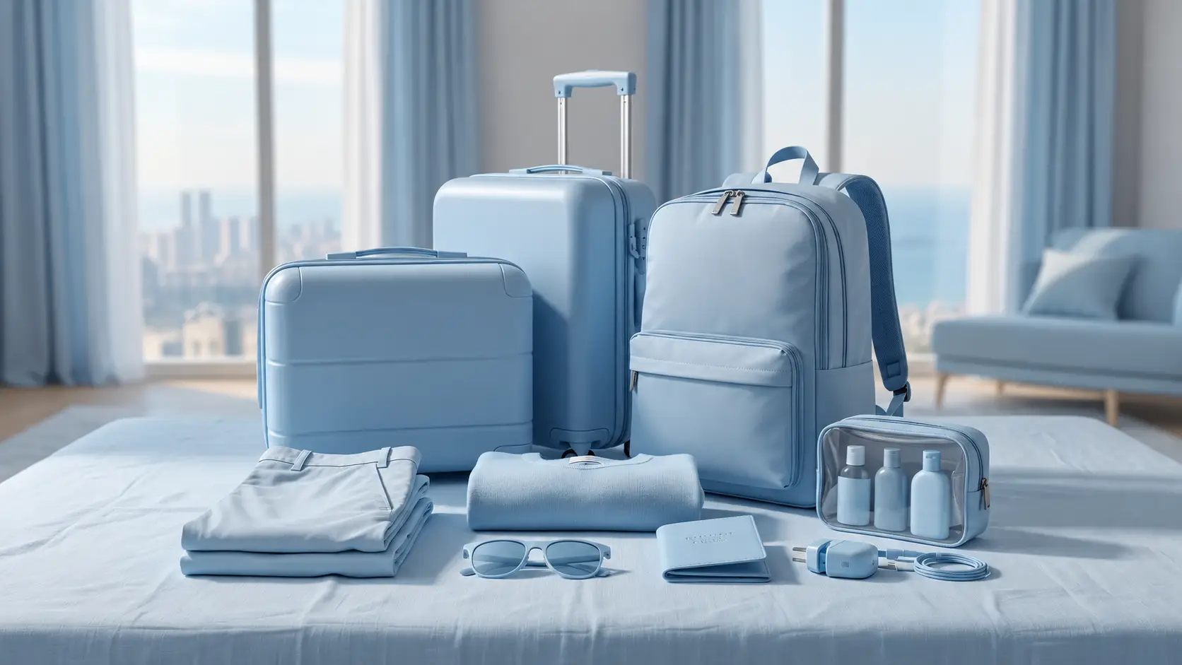 Blue suitcase backpack toiletry bag and small travel accessories arranged on a bed