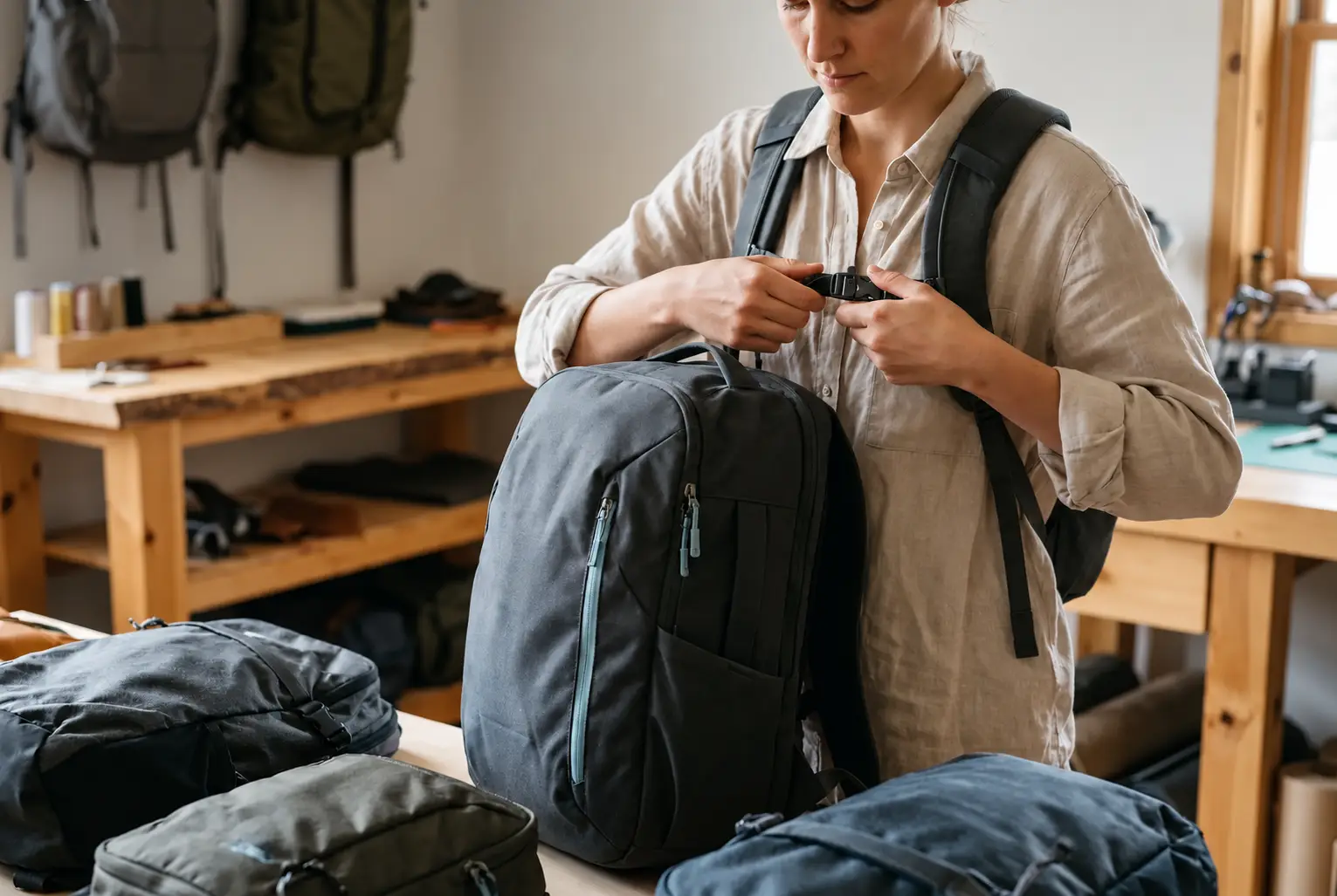Woman fastening the chest strap of a dark travel backpack