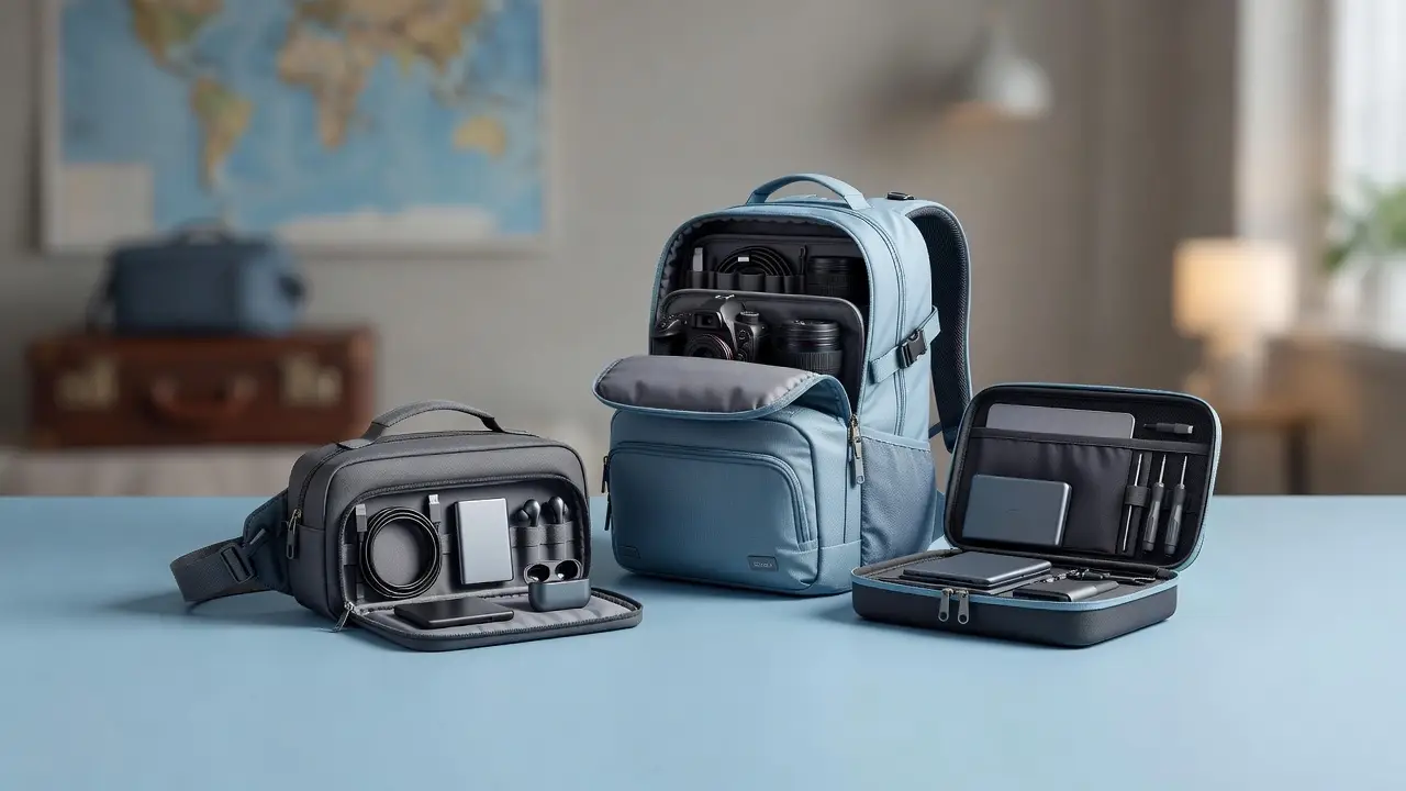 Open electronics organizer pouches and a backpack holding a camera, cables and charging accessories.
