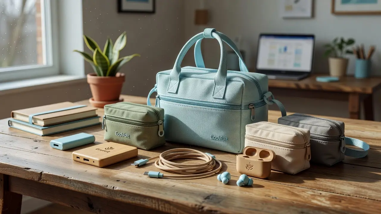 Travel organizer pouches beside charging cables, earbuds and a power bank