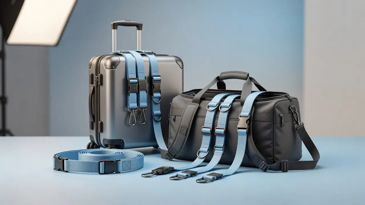 Blue luggage straps displayed with a hard-shell suitcase and a dark duffel bag.