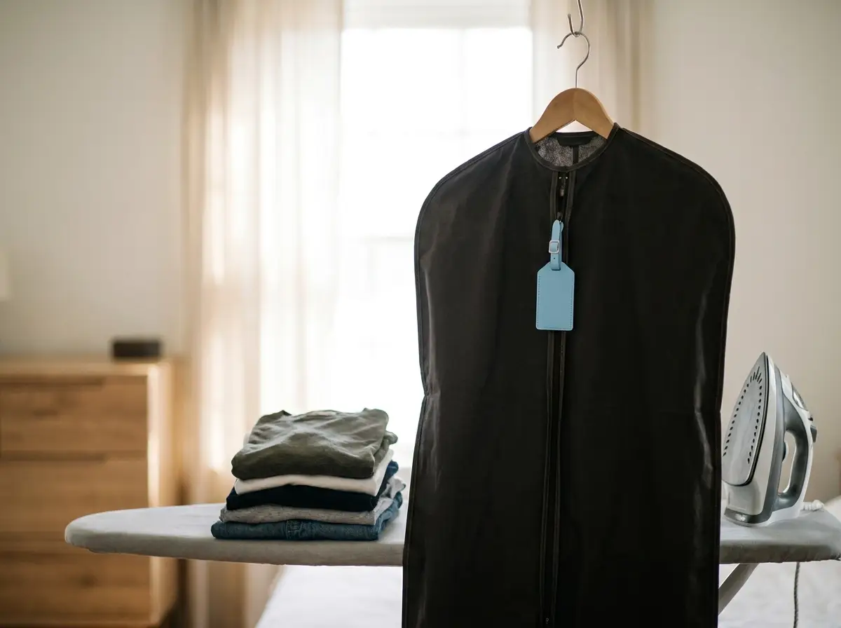 Black garment bag hanging beside folded clothes and an iron