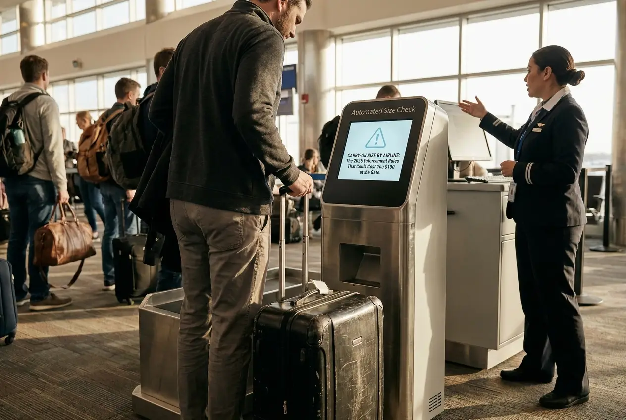 Professional header image for list-based article: Carry-On Size by Airline: The 2026 Enforcement Rules That...