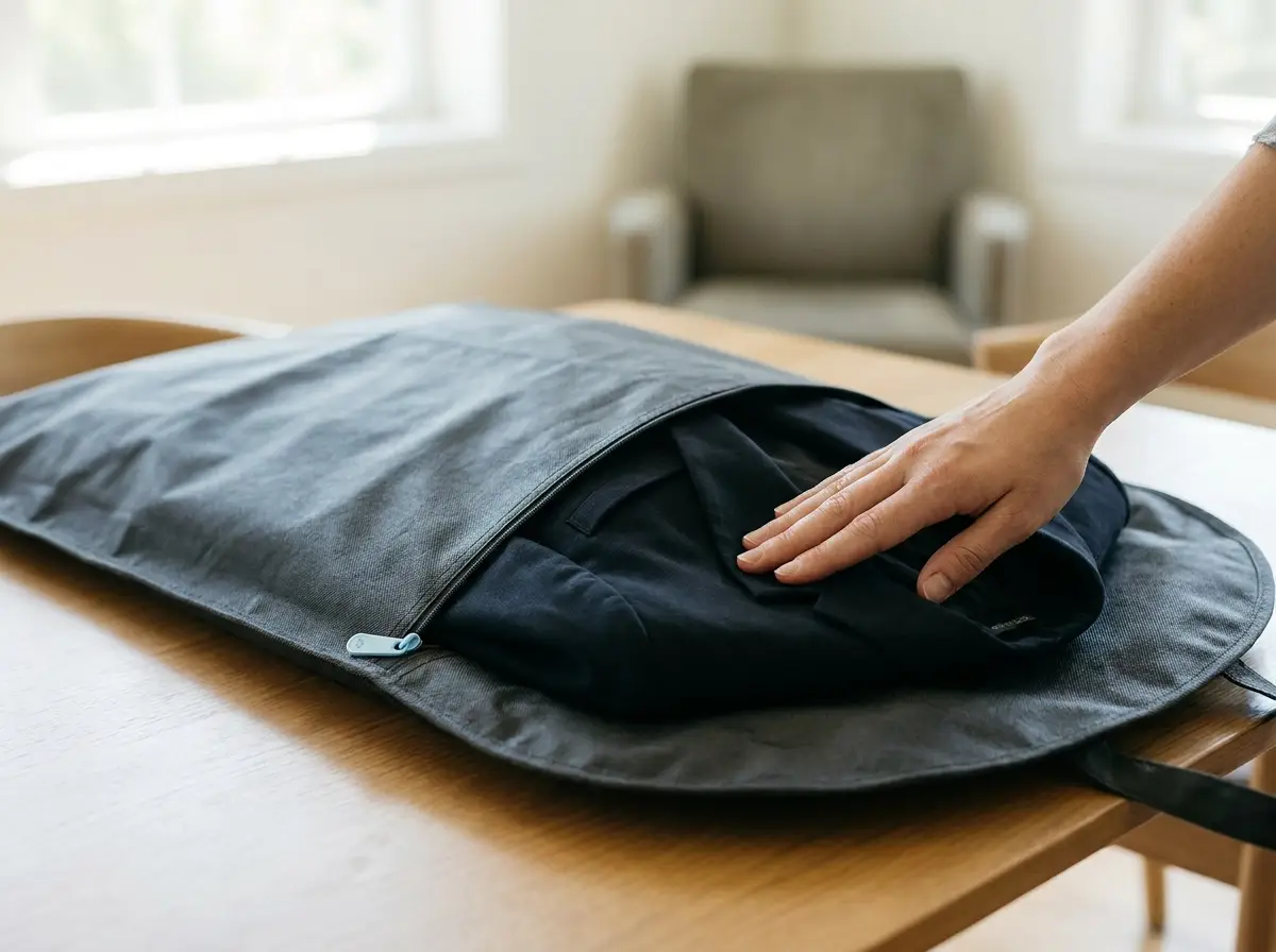Hand smoothing a navy suit inside a gray garment bag