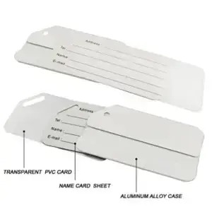 Metal luggage tag shown disassembled with aluminum body insert and cable loop
