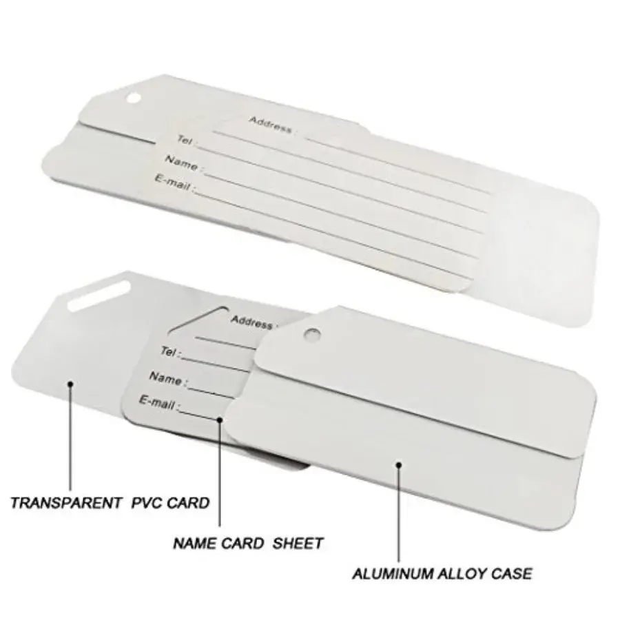 Metal luggage tag shown disassembled with aluminum body insert and cable loop