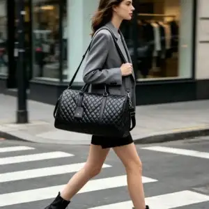 Black travel duffle bag carried while walking for weekend and overnight travel