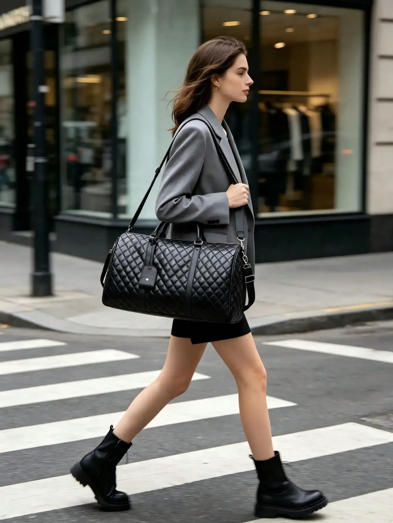 Black travel duffle bag carried while walking for weekend and overnight travel