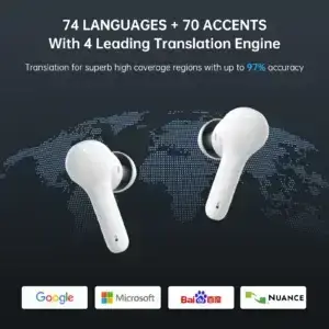 AI translation earbuds supporting 144 languages with white earbuds and language map graphic
