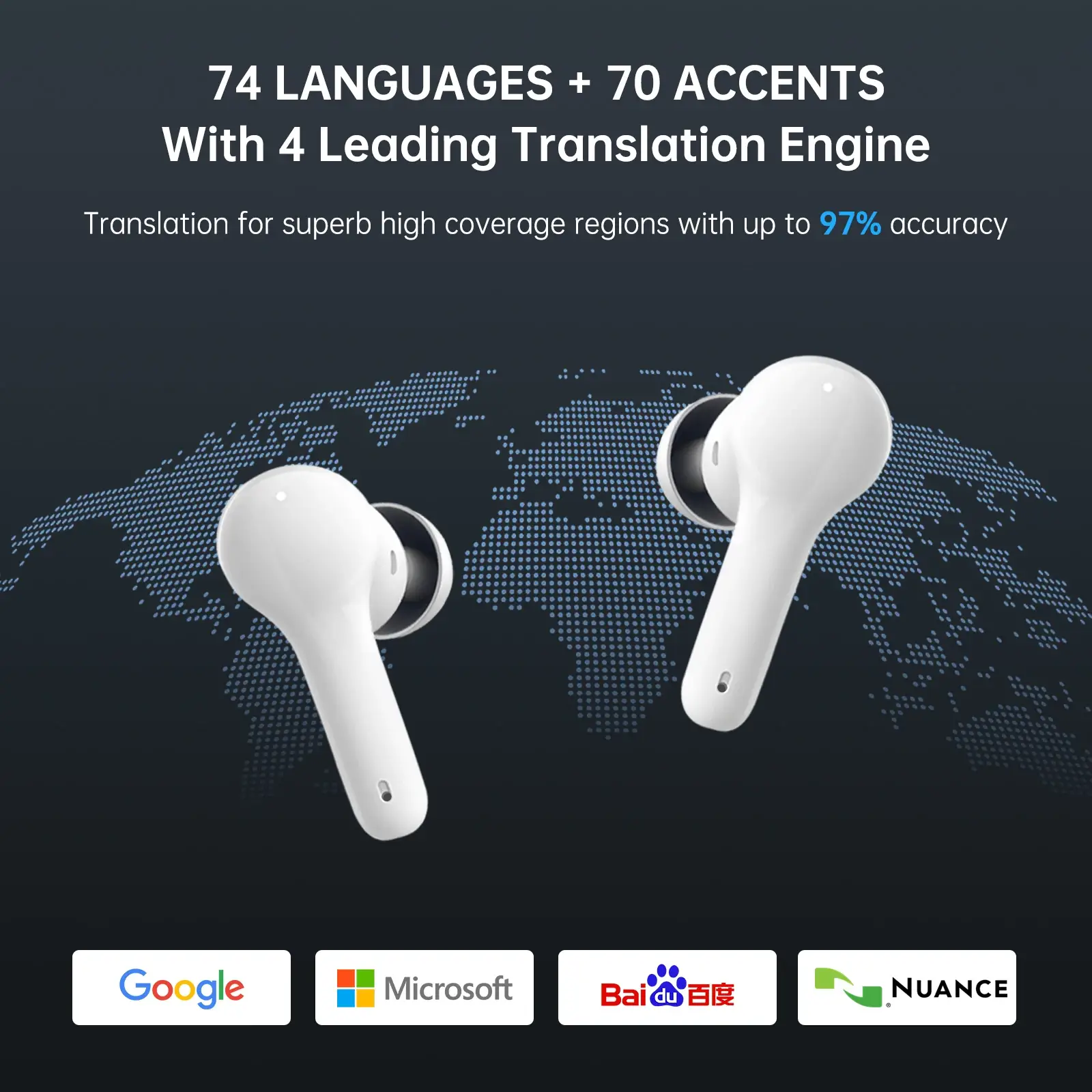 AI translation earbuds supporting 144 languages with white earbuds and language map graphic
