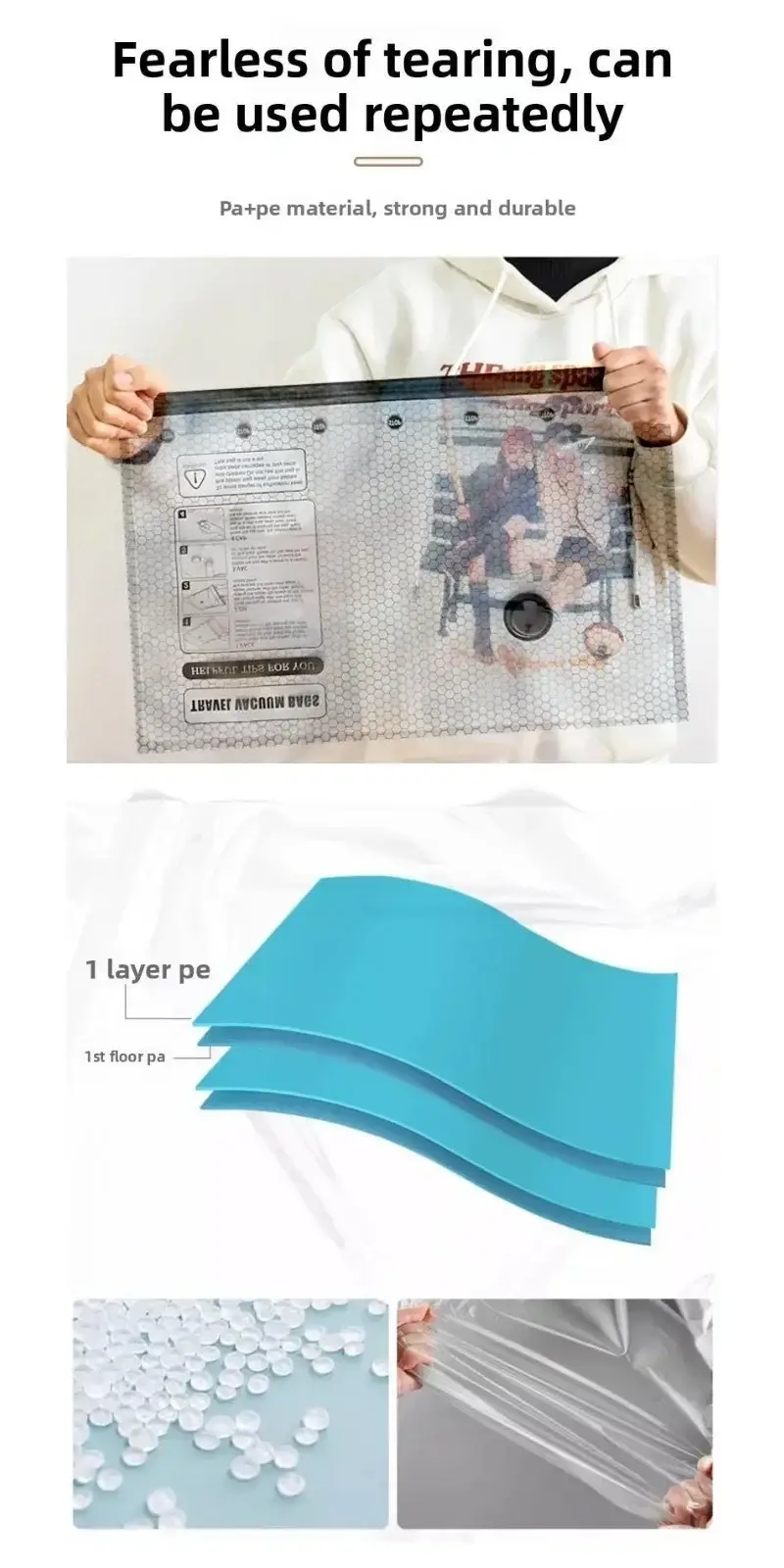 Vacuum compression storage bag material close-up for travel and home storage
