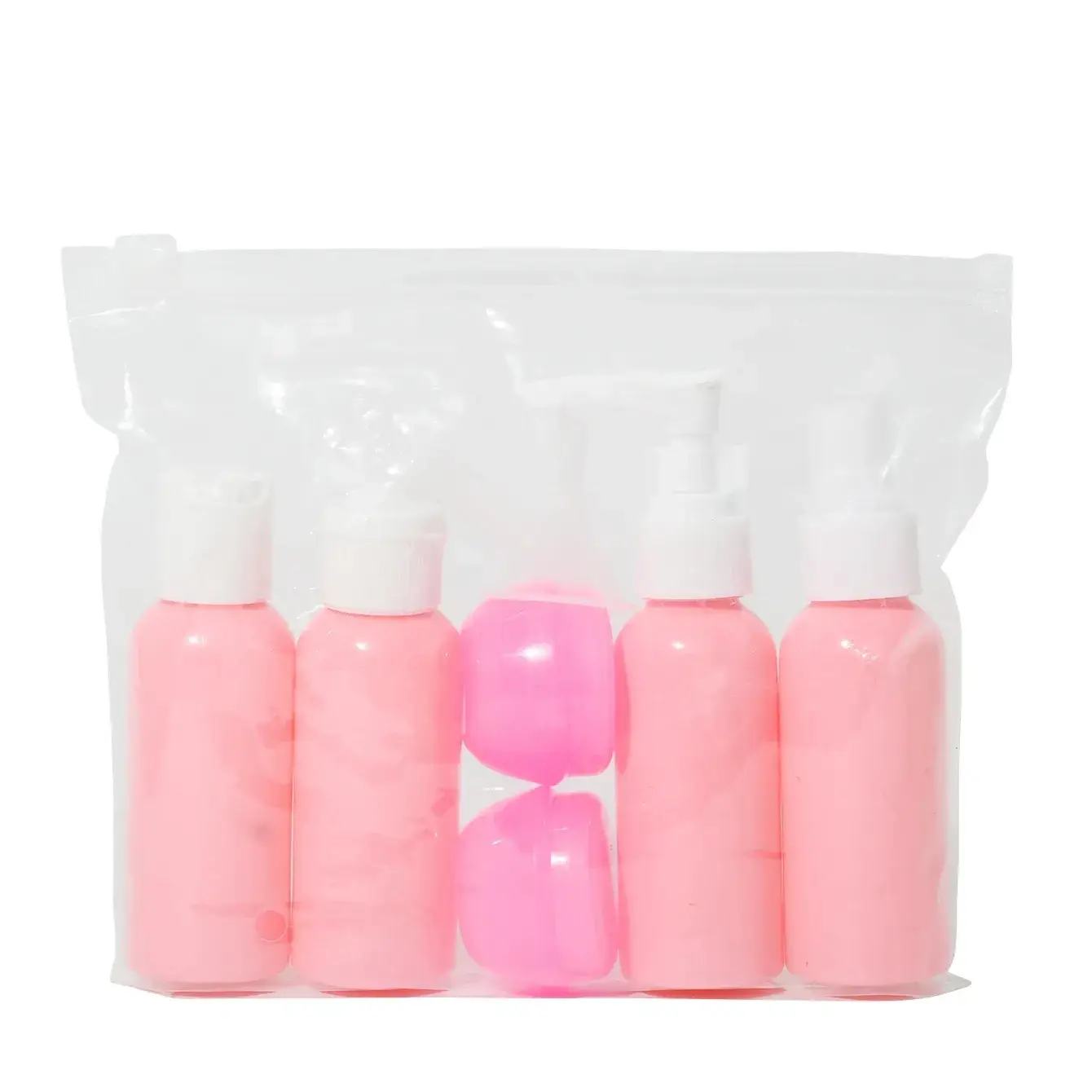Travel cosmetic containers with pink bottles and jars in a clear pouch