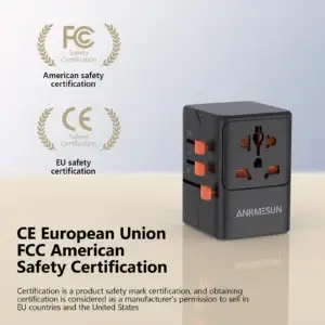 Universal Travel Adapter — certification-symbol information graphic