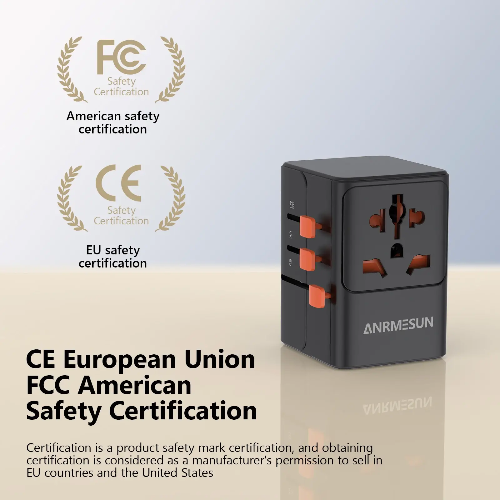 Universal Travel Adapter — certification-symbol information graphic