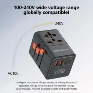 Universal Travel Adapter — voltage-range information graphic