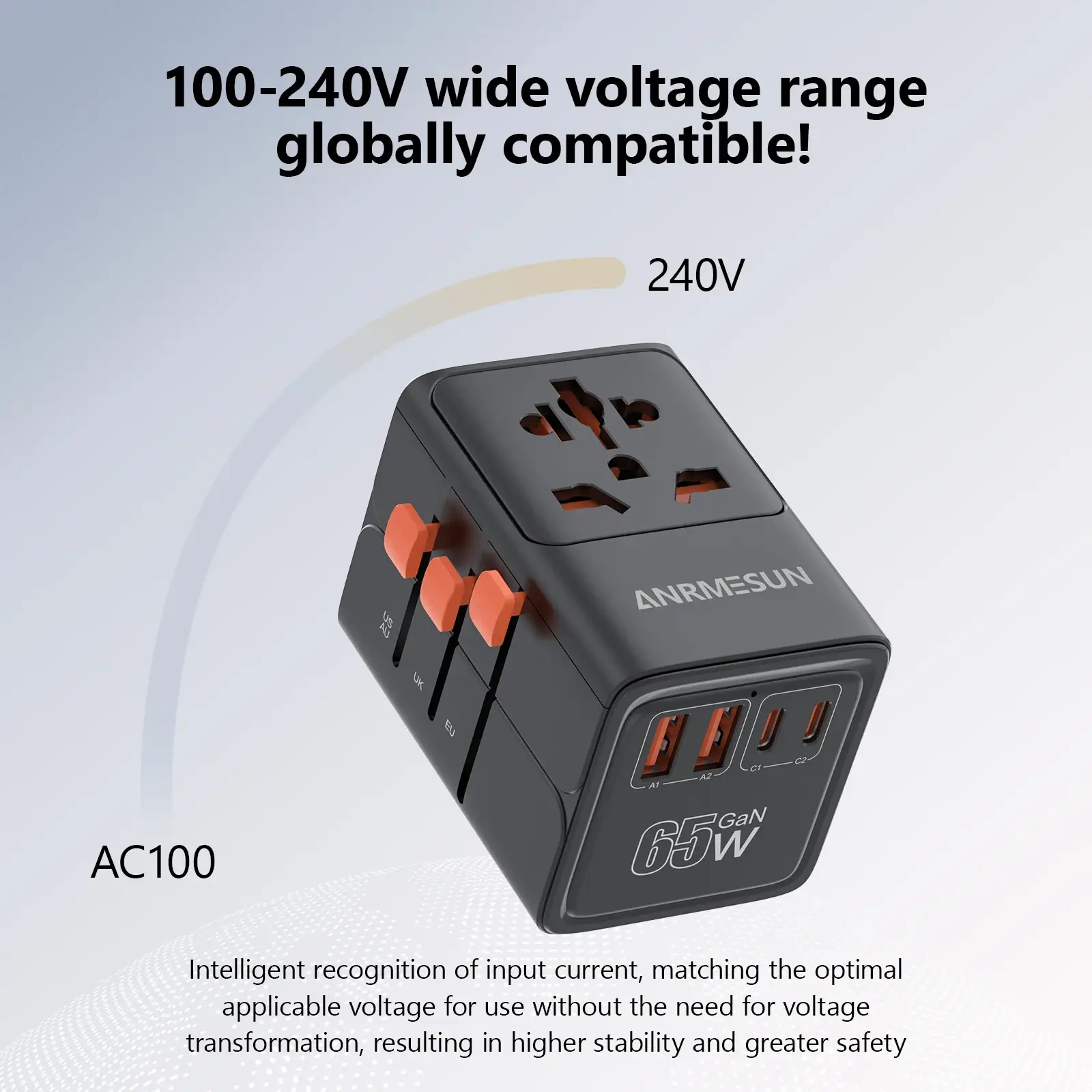 Universal Travel Adapter — voltage-range information graphic