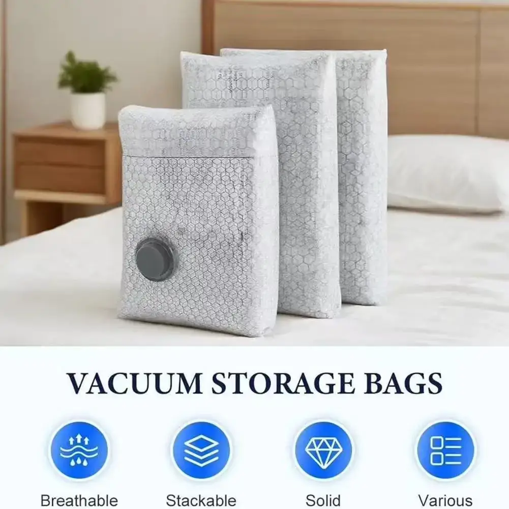 Filled vacuum compression storage bags for clothing blankets and travel packing
