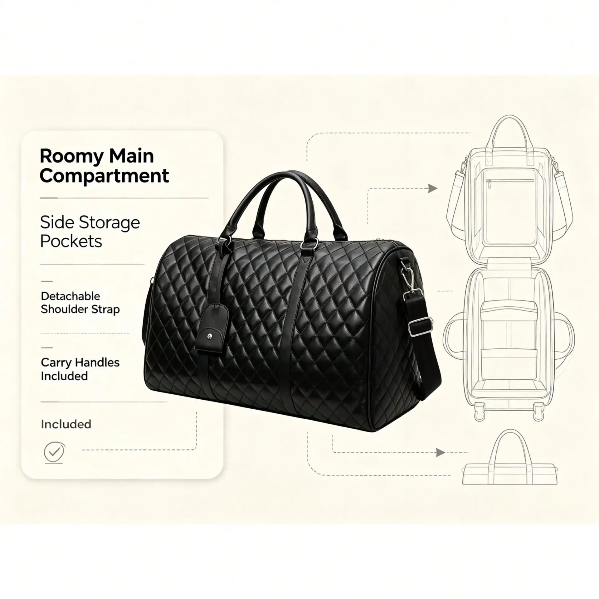 Travel duffle bag main compartment for clothing toiletries and travel essentials