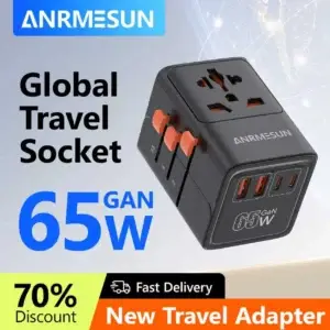 Universal Travel Adapter — black adapter with orange plug switches
