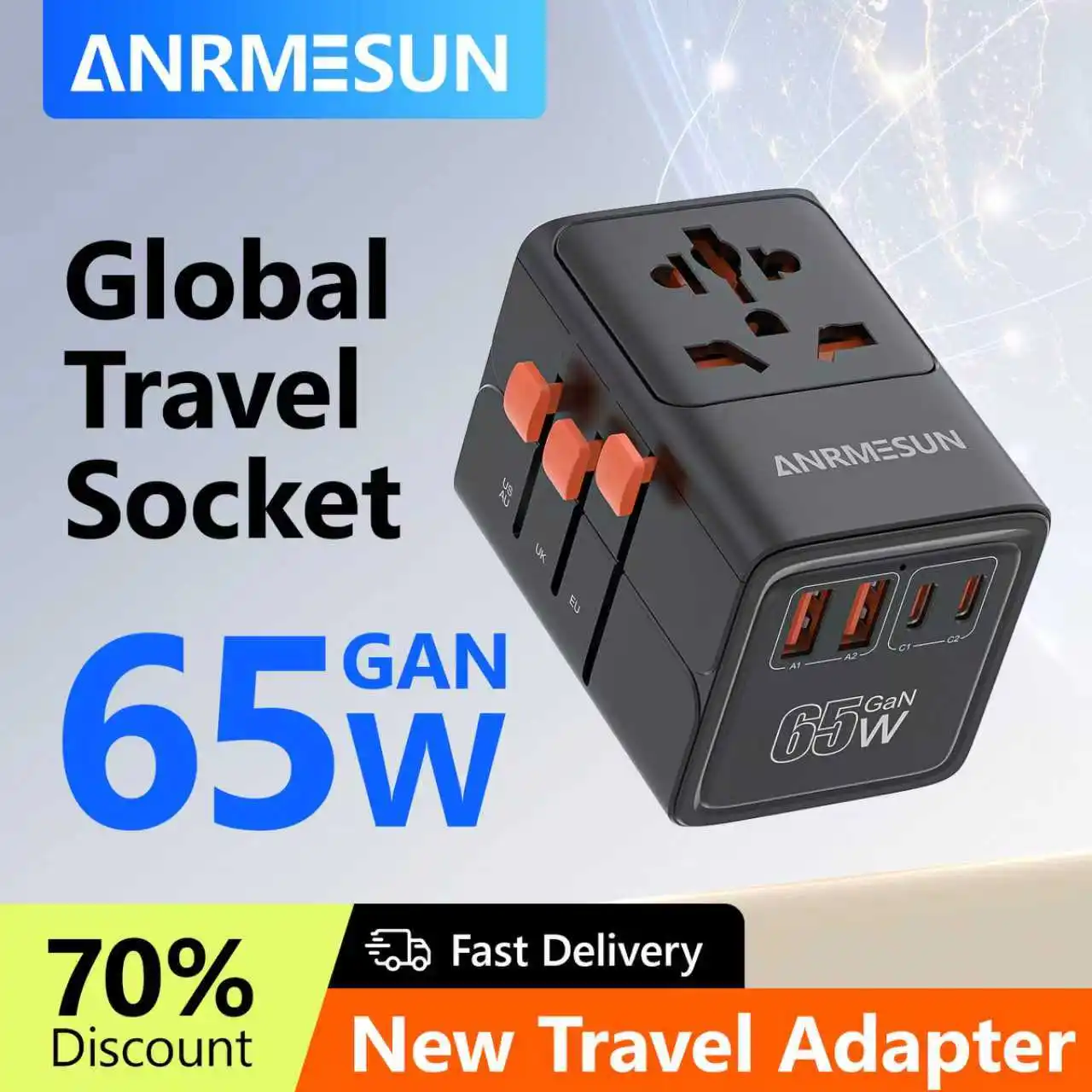 Universal Travel Adapter — black adapter with orange plug switches