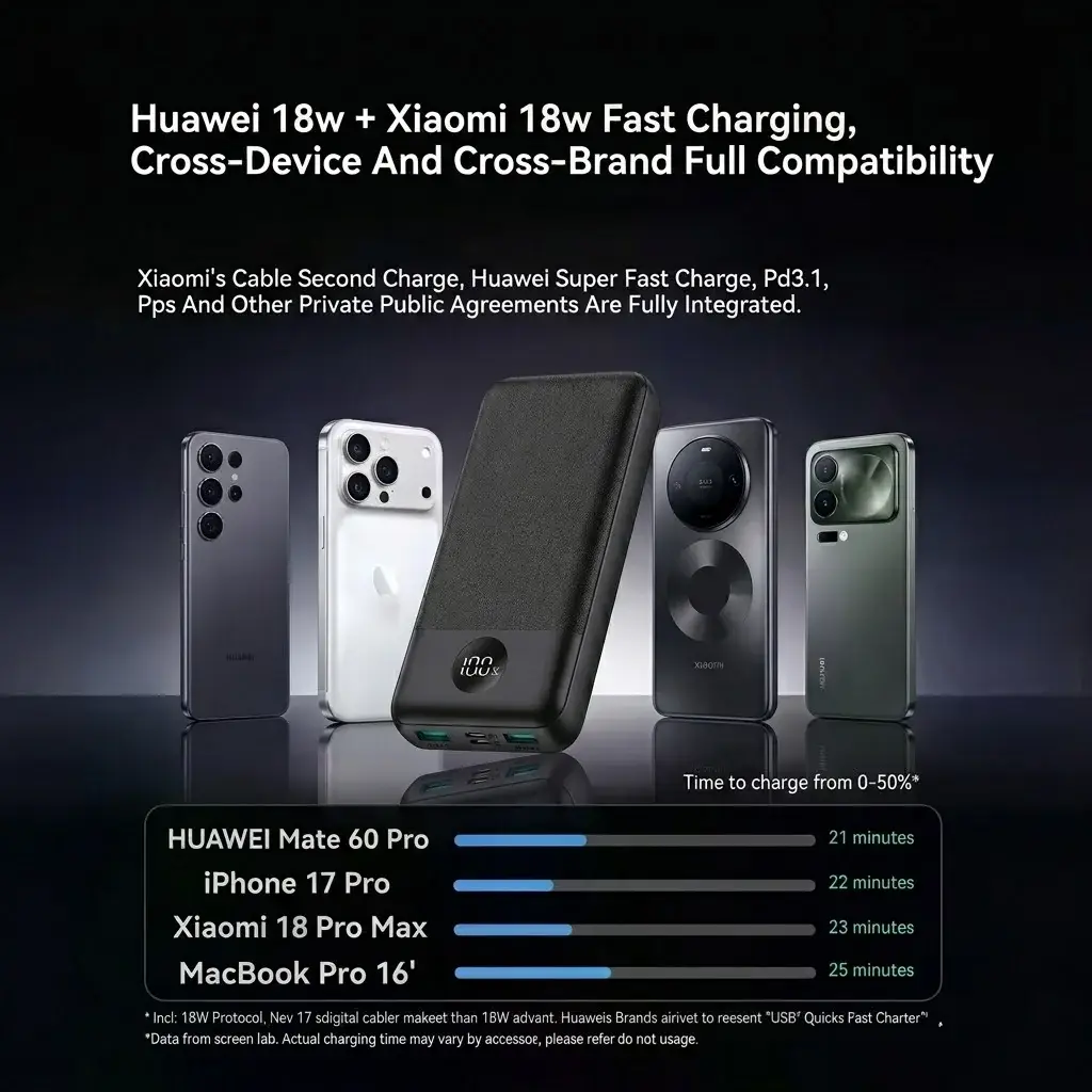 20000mAh Portable Power Bank — phone compatibility illustration