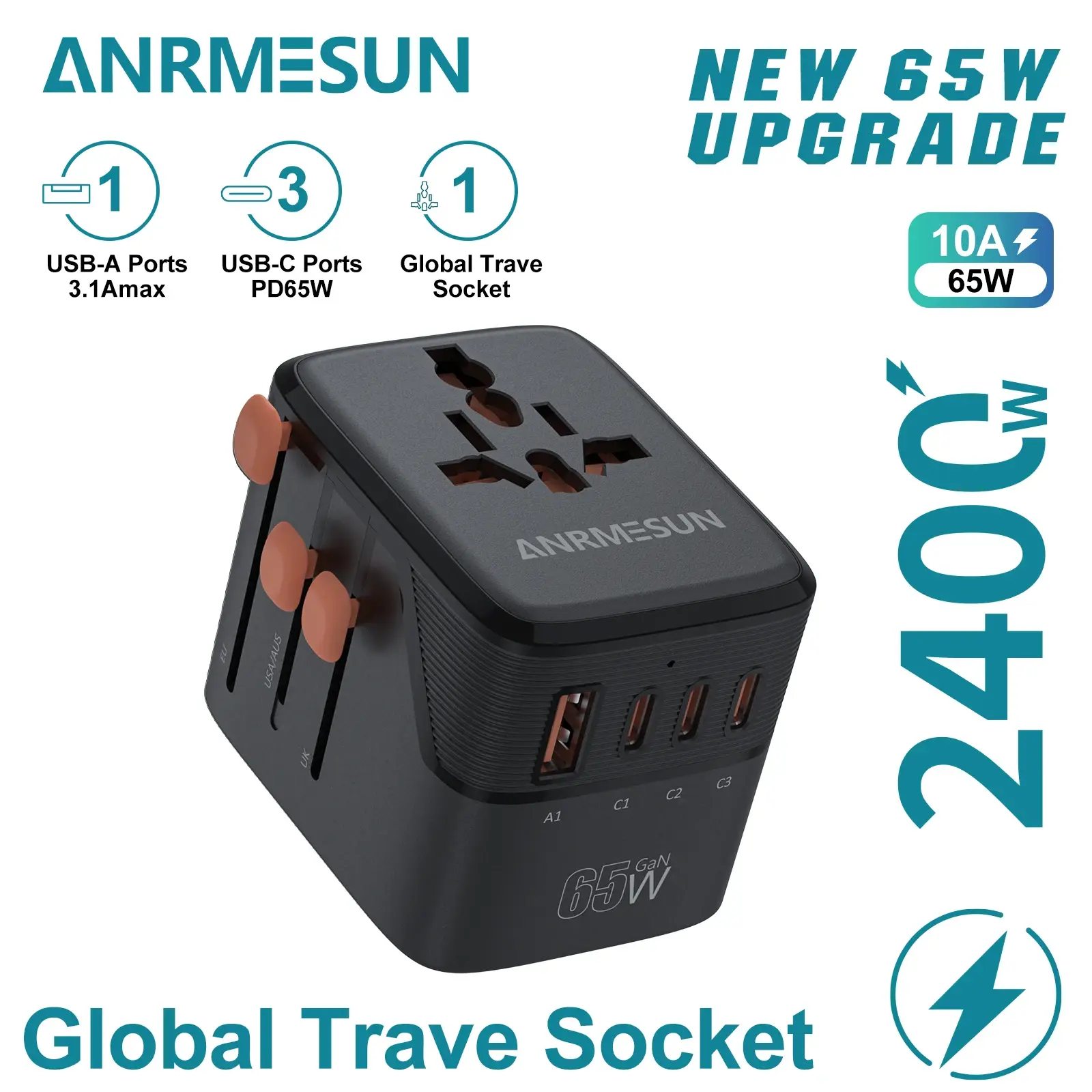 Universal Travel Adapter — plug and USB port detail