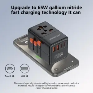 Universal Travel Adapter — adapter and smartphone charging graphic