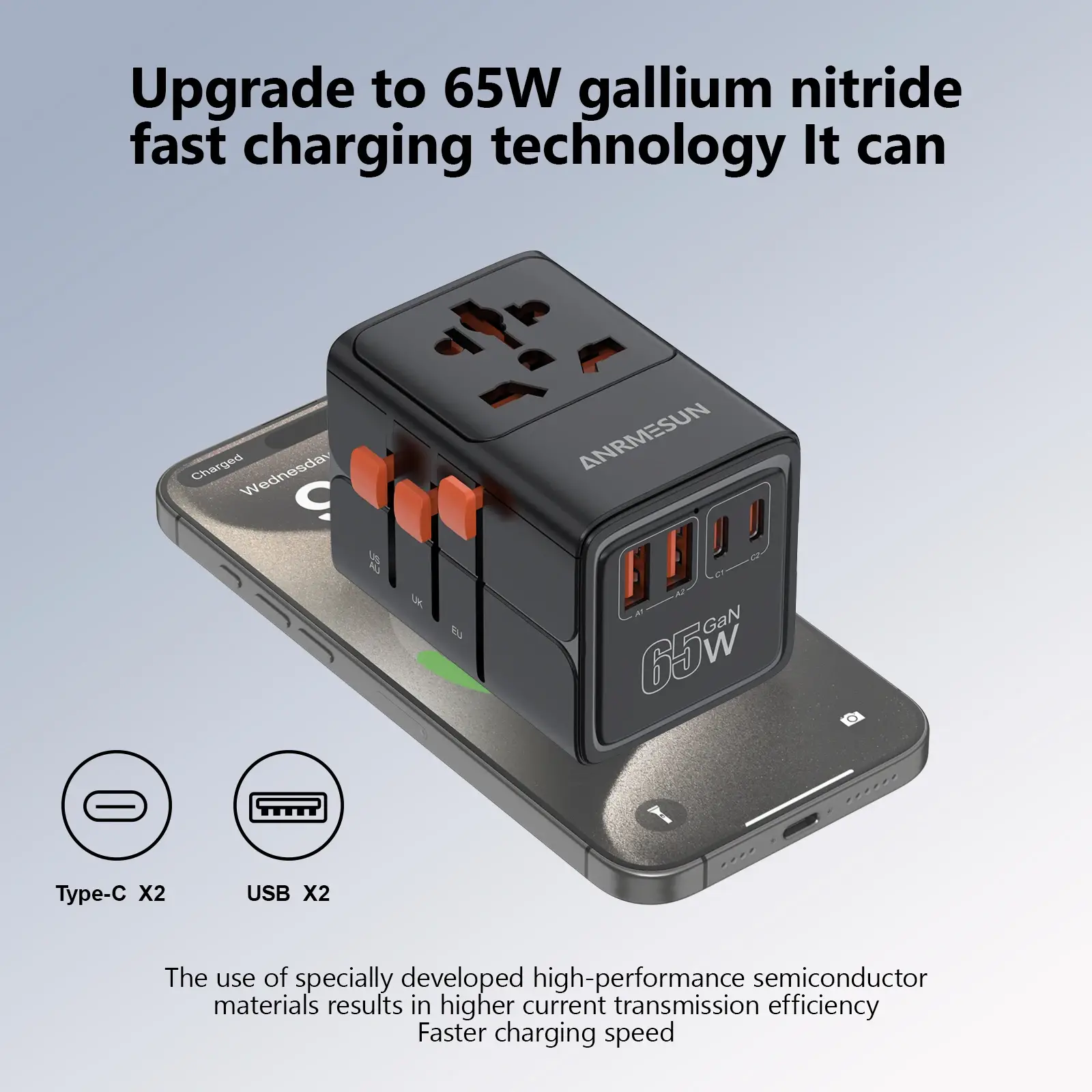 Universal Travel Adapter — adapter and smartphone charging graphic