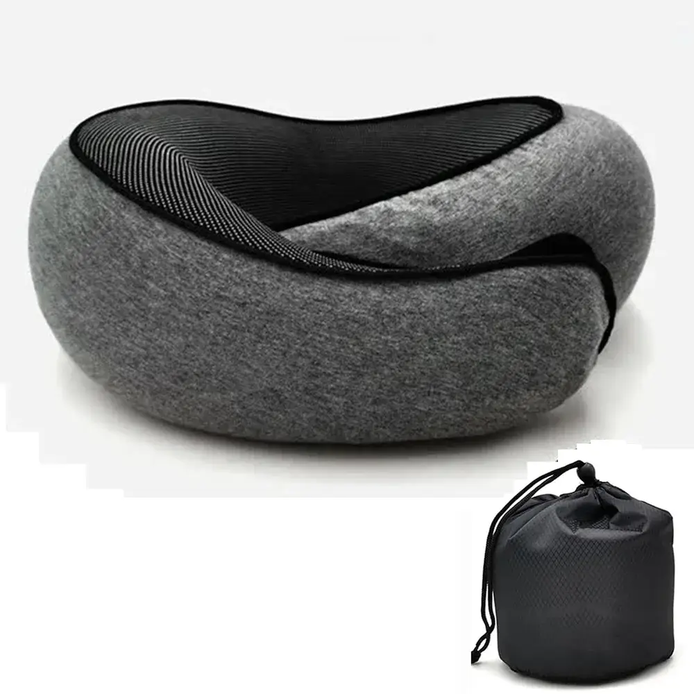 Travel Neck Pillow Memory Foam — dark grey neck pillow and carry bag