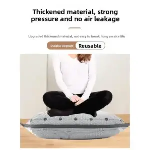 Vacuum compression storage bag shown compressed to save packing space