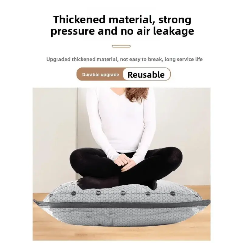 Vacuum compression storage bag shown compressed to save packing space