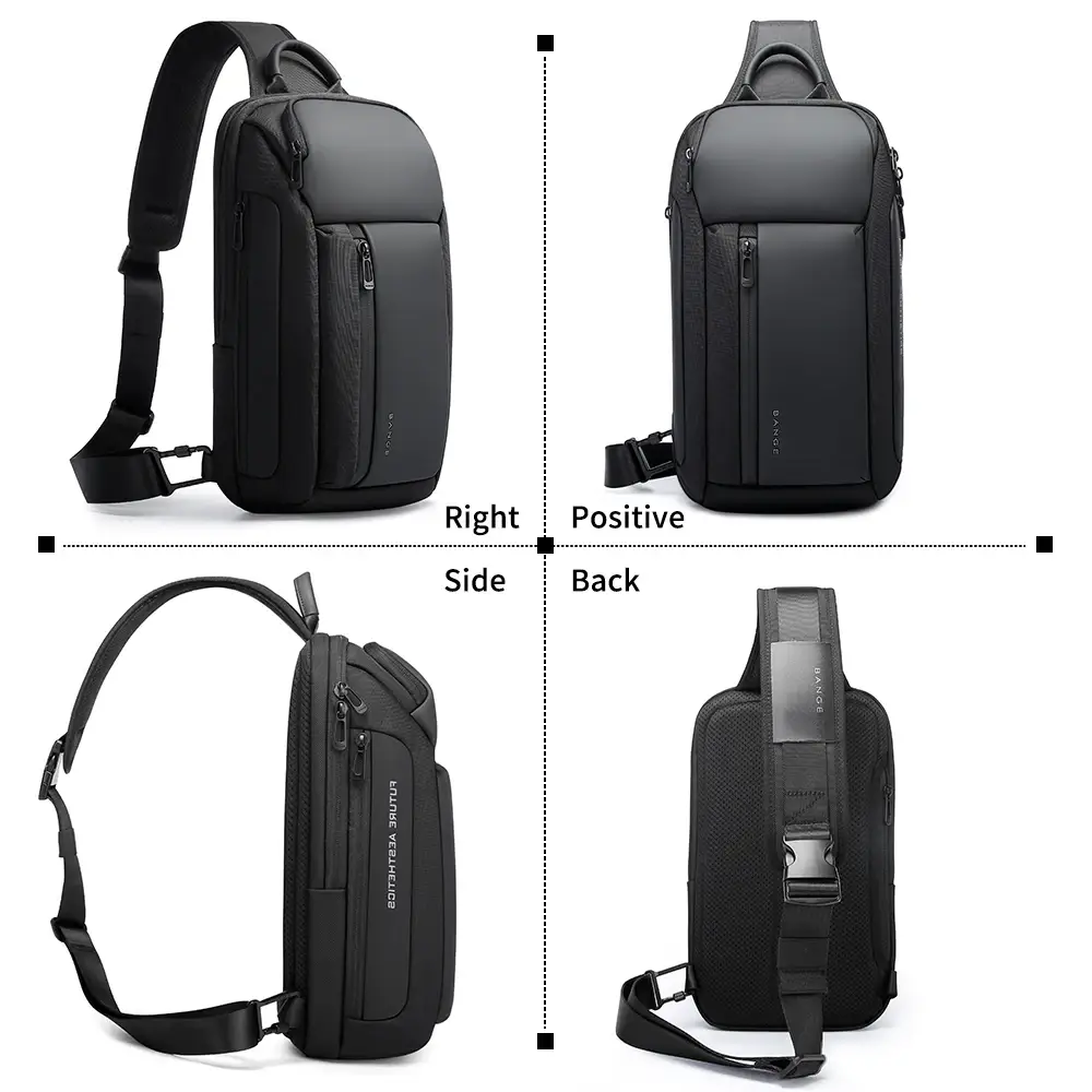 Bange waterproof chest bag shown from front back and side angles