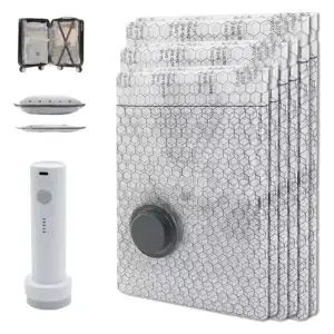 Vacuum compression storage bags with portable air pump for travel packing and clothing storage