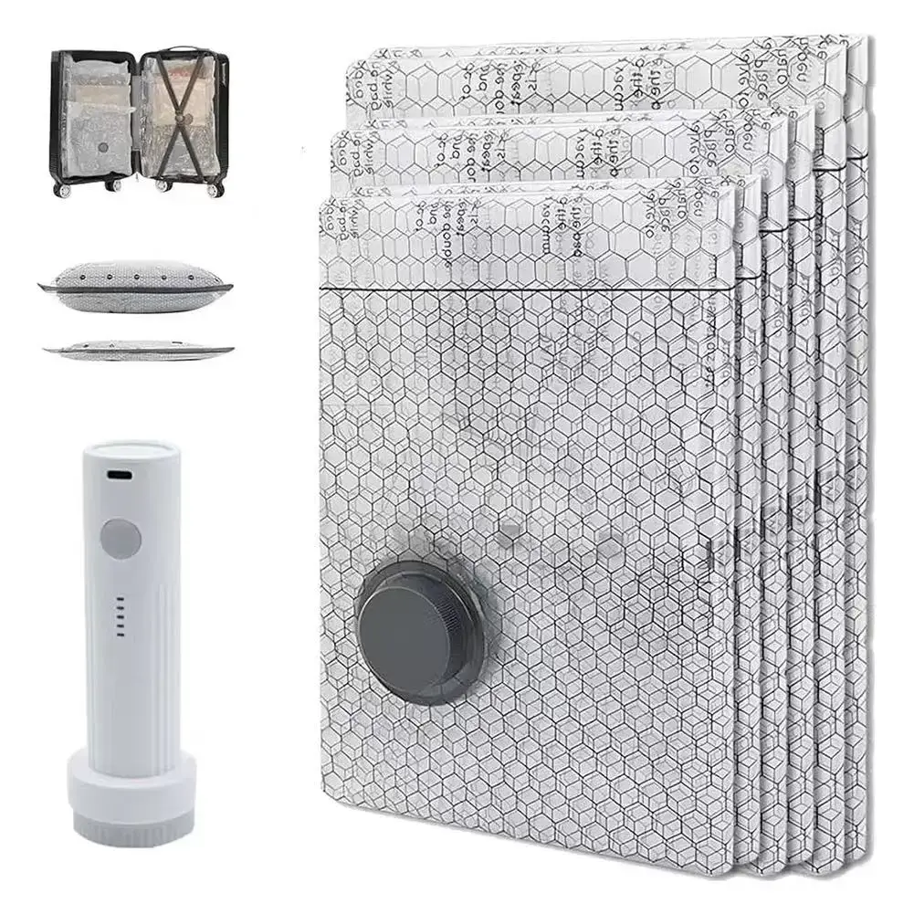 Vacuum compression storage bags with portable air pump for travel packing and clothing storage