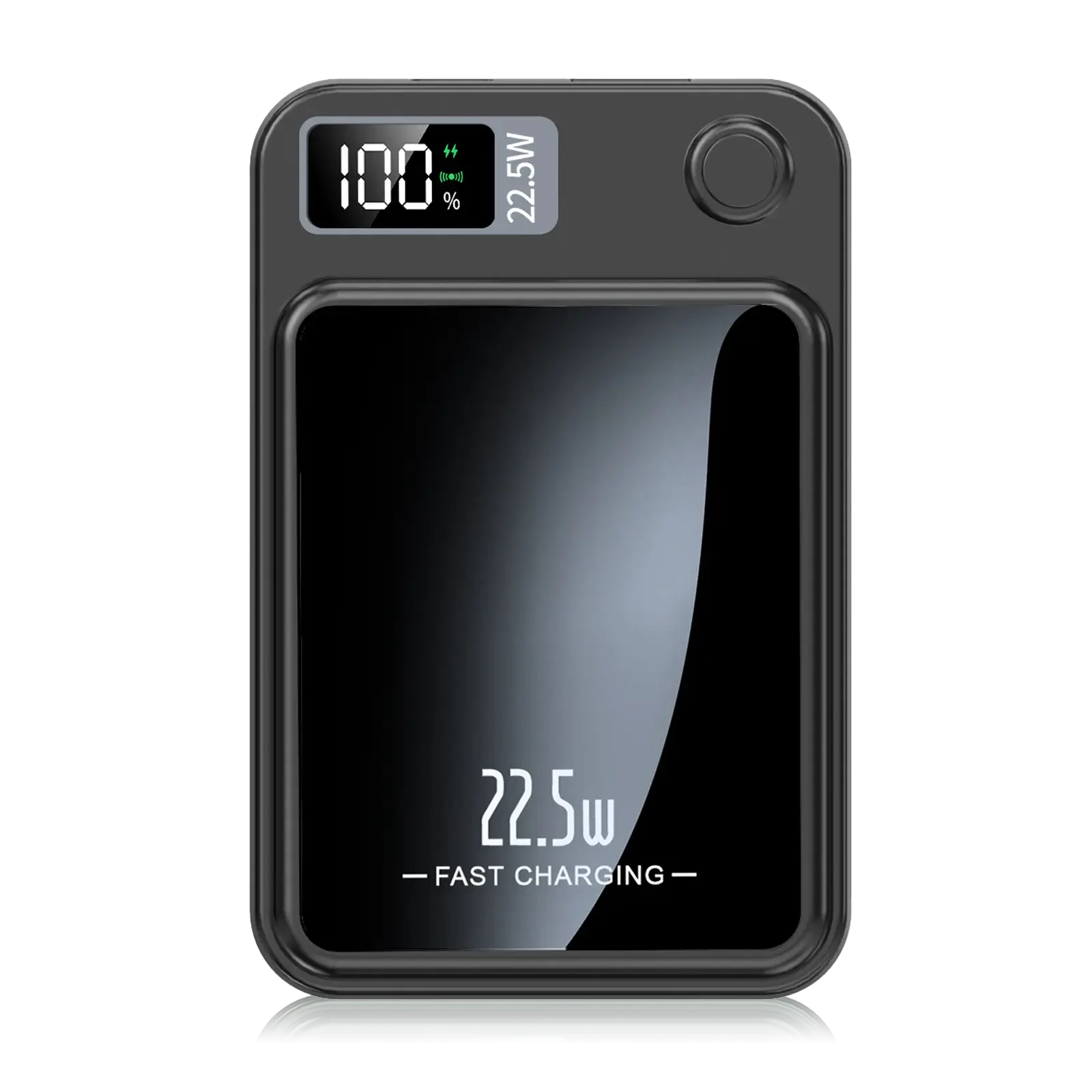 Black 2-in-1 wireless magnetic power bank front view for portable charging