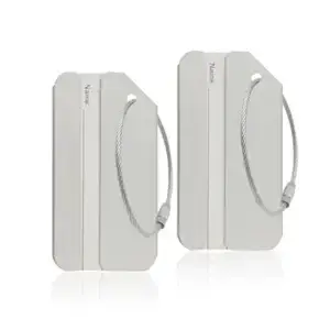 Aluminum luggage tags in silver with cable loops for suitcases and travel bags