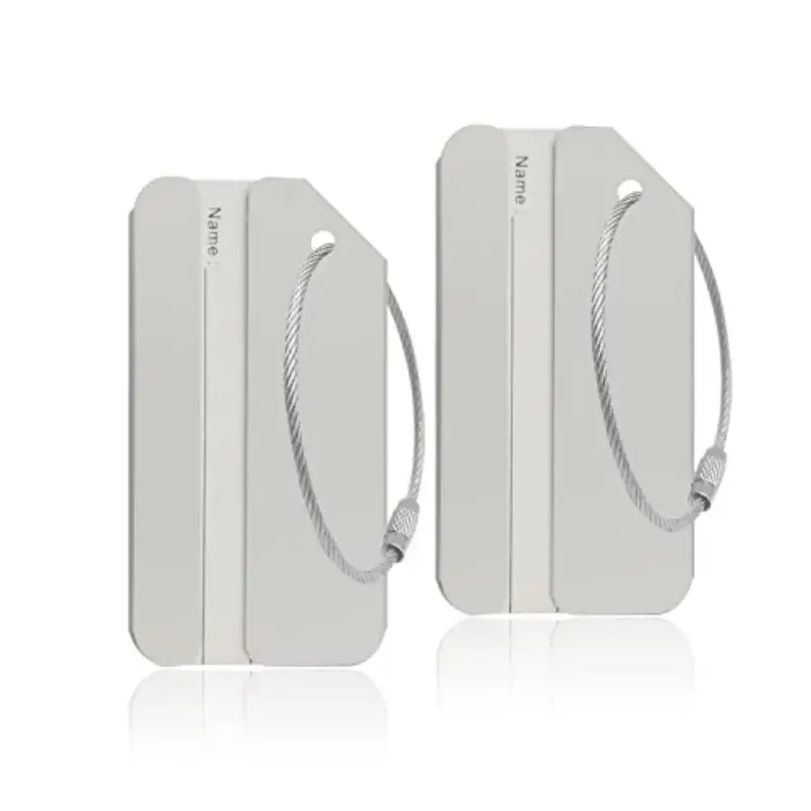 Aluminum luggage tags in silver with cable loops for suitcases and travel bags