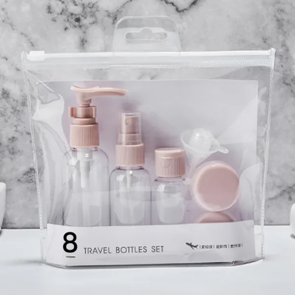 Travel size toiletry containers in an eight-piece refillable bottle and jar set