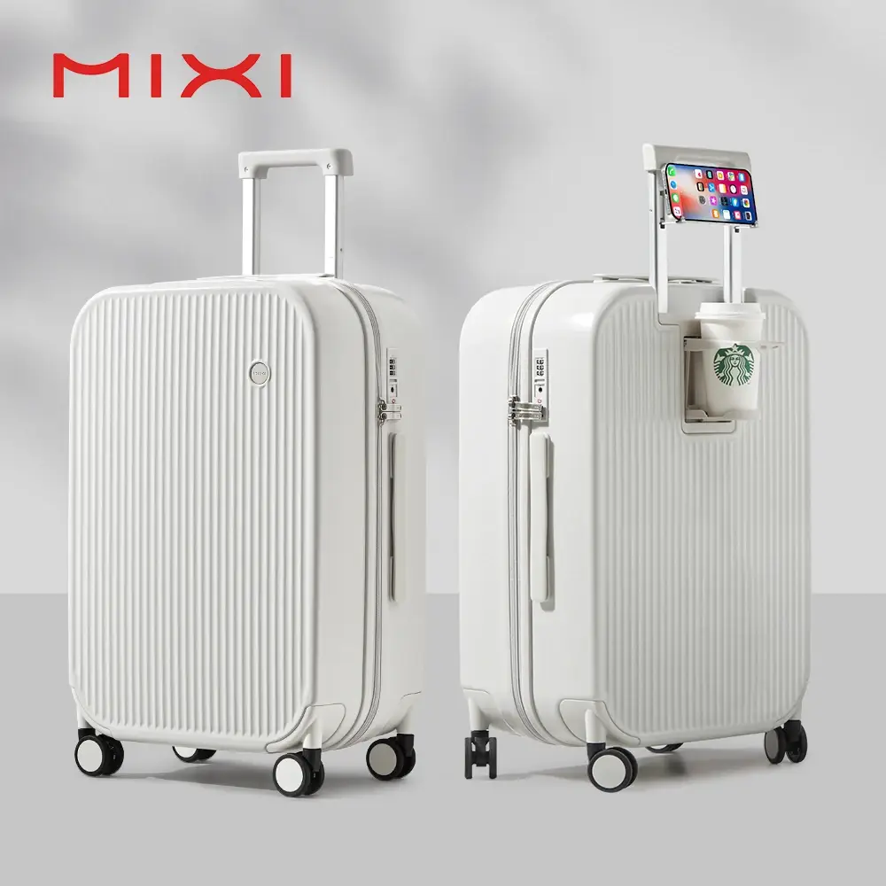 White Mixi hard shell spinner suitcases for carry-on and checked travel