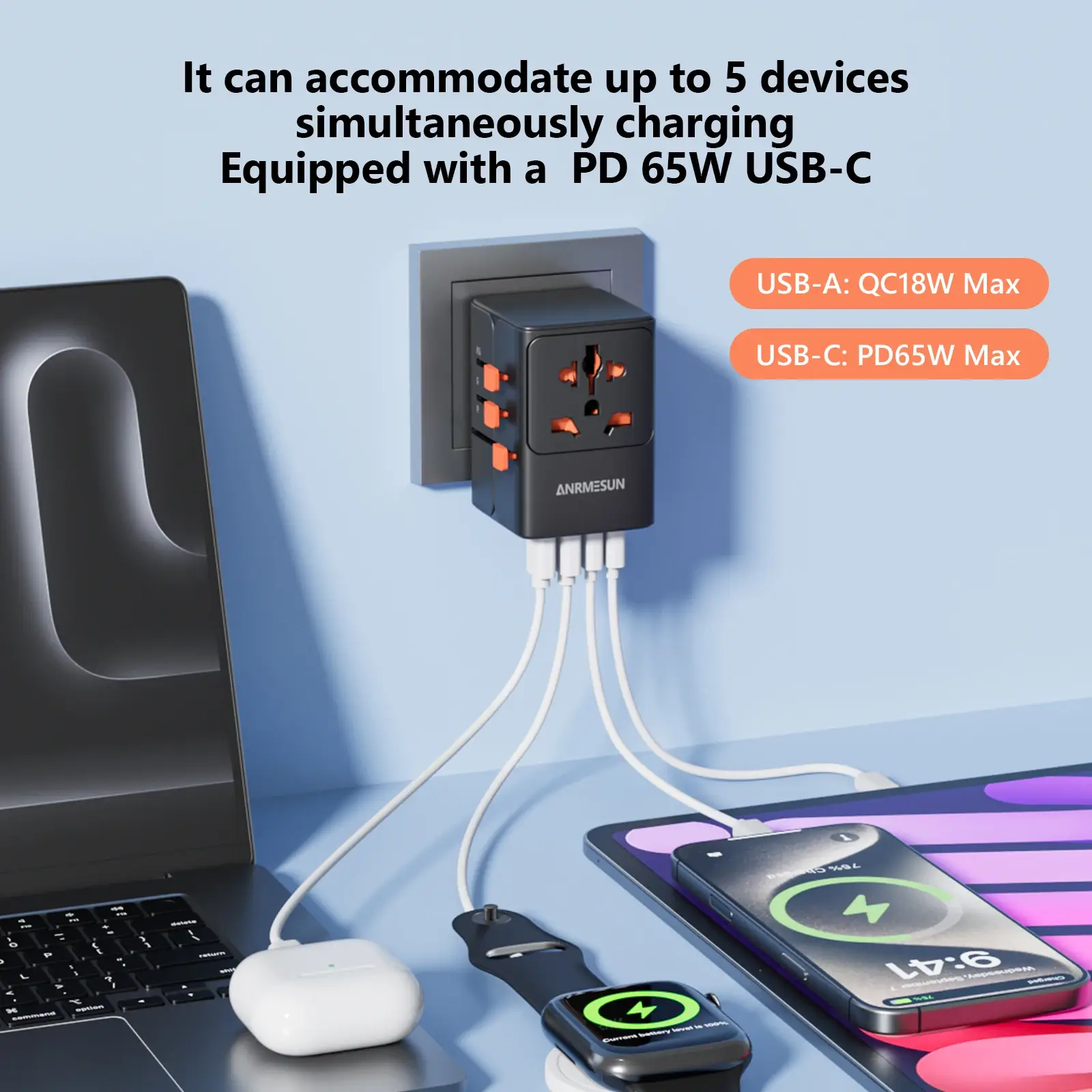Universal Travel Adapter — adapter charging several devices