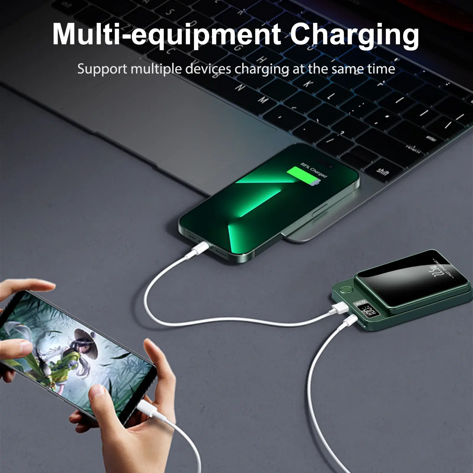 Wireless magnetic power bank charging multiple compatible devices for travel