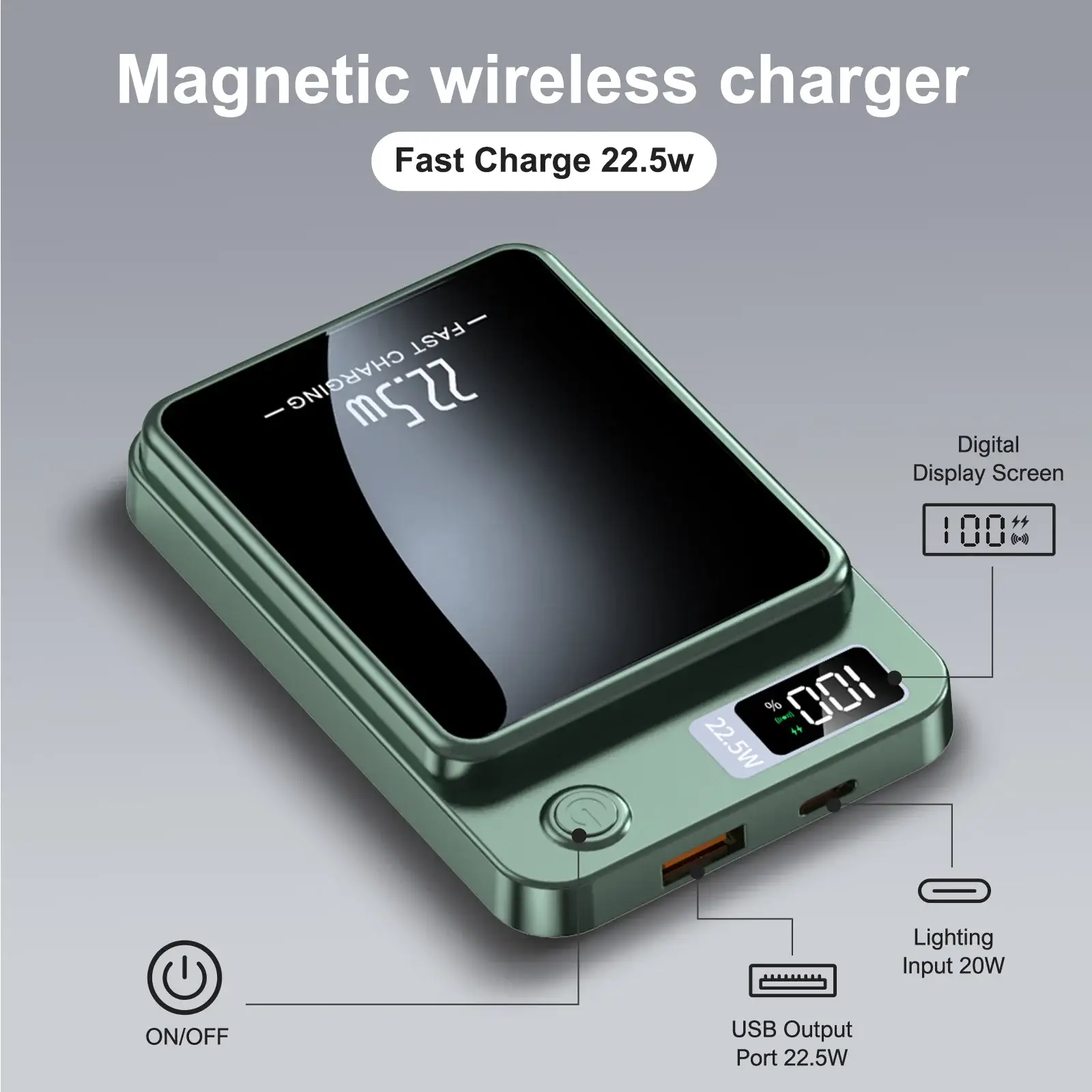 Green wireless magnetic power bank with digital battery display for portable charging