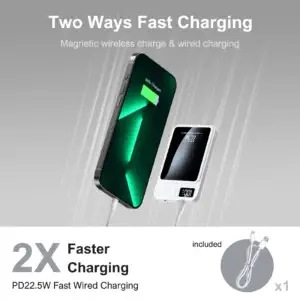 2-in-1 wireless magnetic power bank showing wired and wireless charging options