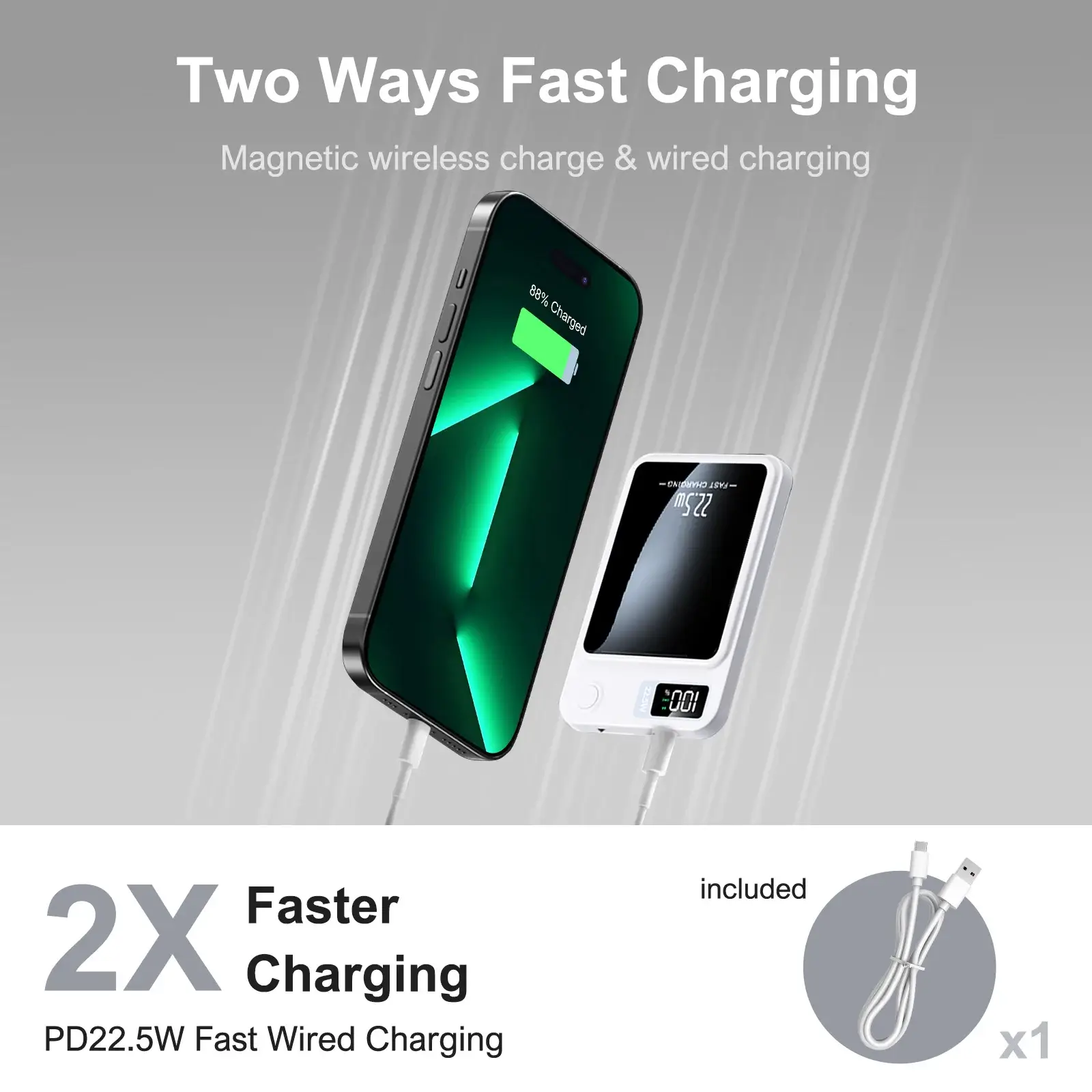 2-in-1 wireless magnetic power bank showing wired and wireless charging options