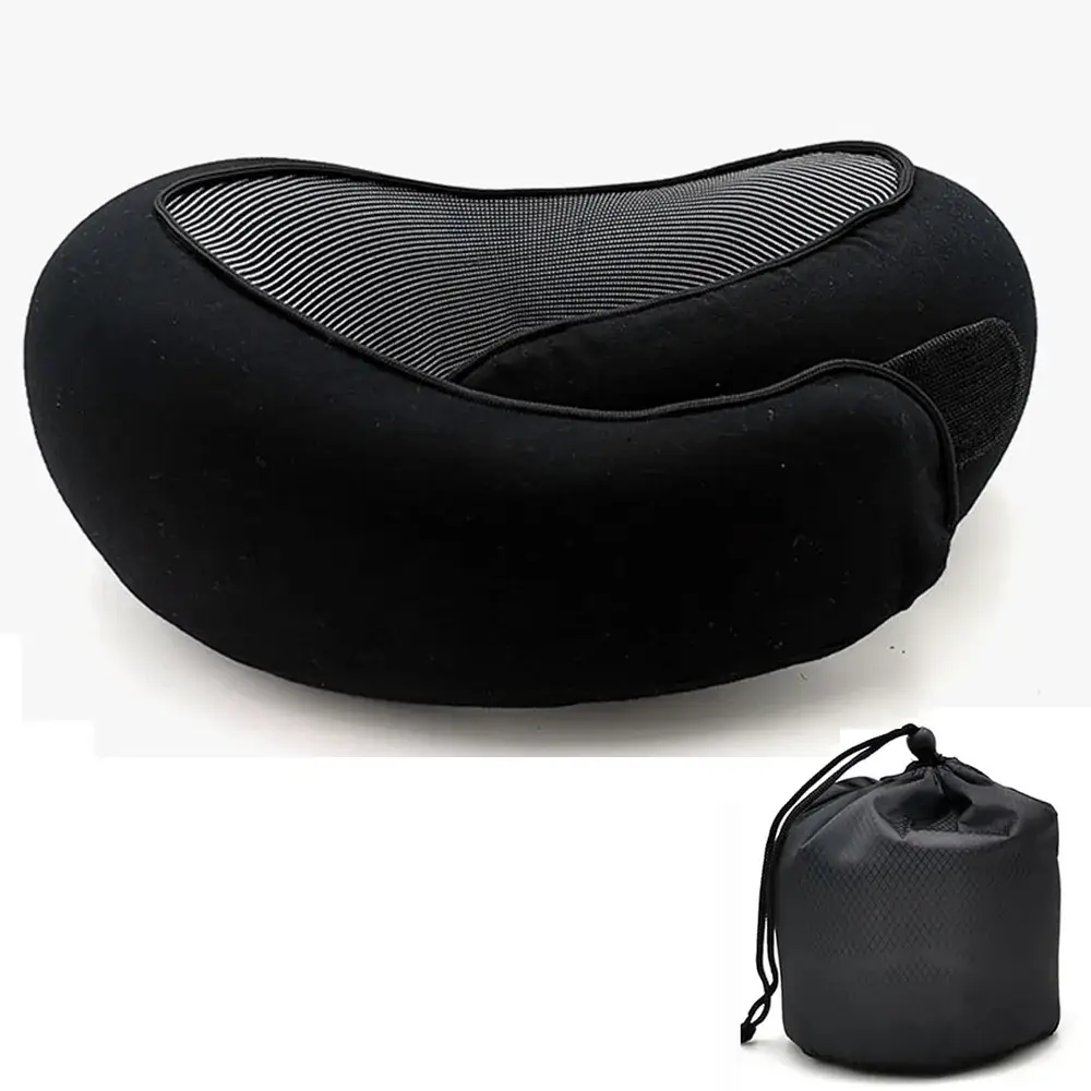Travel Neck Pillow Memory Foam — black neck pillow and carry bag