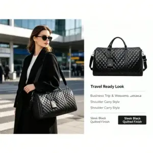 Black travel duffle bag shown being carried for weekend and overnight trips